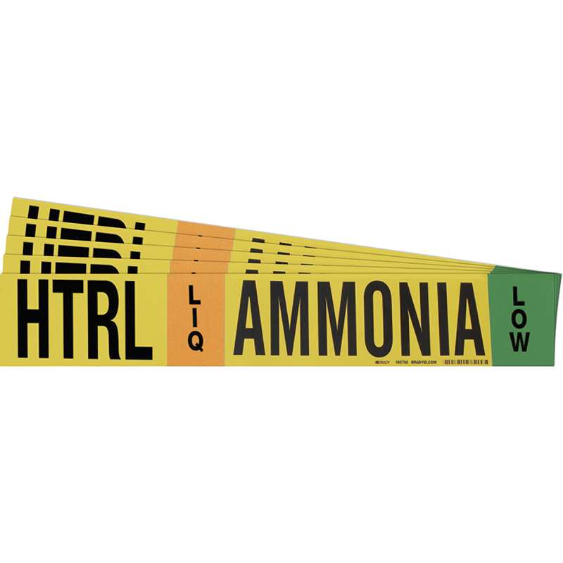 AMMONIA HTRL LIQ LOW Pipe Marker Style 1HV BK, GN, OR on YL 1 per Card, 5 PK